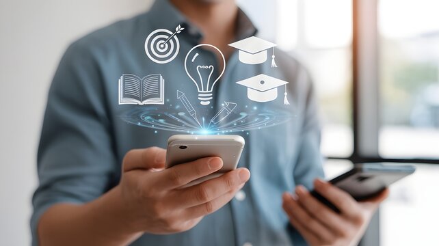 Man Using Smartphone For Online Learning Concept With Education Icons Like Book Light Bulb Graduation Cap Target And Digital Innovation

