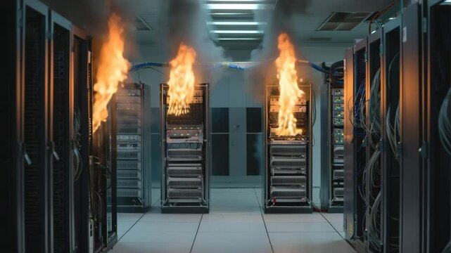 Flames engulf multiple server racks in a data center during the night. Smoke fills the room as emergency response efforts begin to control the fire and mitigate damage
