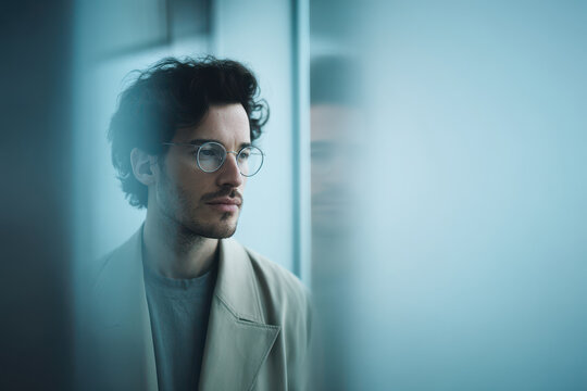 portrait of cryptographer with intelligent expression positioned to left