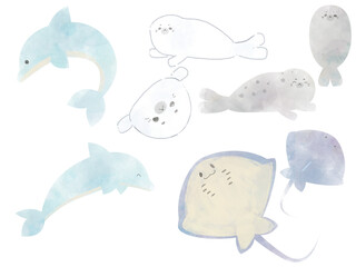 水彩風・イルカとアザラシとエイのかわいい海のいきものセット © 兎卵メル
