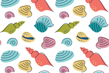 Flat cartoon vector illustration pattern with colorful seashells. Decorative marine design for beach products, summer packaging, childrens items, ocean and vacation concepts, bakcground for wallpaper
