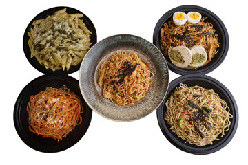 pasta, ramen and noodles, isolated on white background