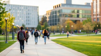 Obraz premium Blurred Modern University Scene with Unrecognizable Students Walking Bokeh