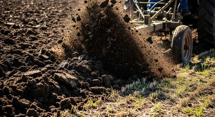 Tractor plowing the soil on a field, soil flying into the air