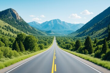 Fototapeta premium Long highway road stretching into distant green forest valley with tall mountains under clear blue sky in daylight scenic landscape background.