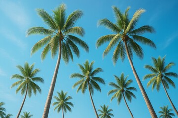 Obraz premium Tropical palm trees under clear blue sky with bright sunlight, ideal summer background for vacation, beach, and travel concept scenes.