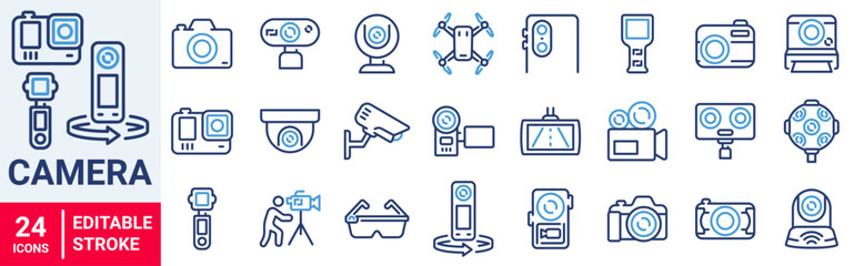 Video Camera web line icon set. CCTV camera. VR, film cameras. drone.