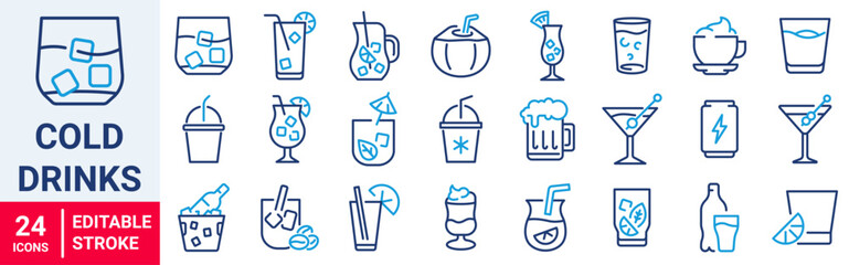 Cold drinks web line icons. Sparkling water, iced coffee. Vector illustration. editable stroke