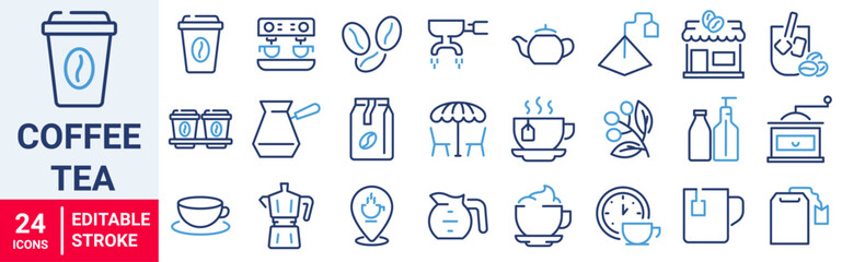 coffee and tea line web icons. iced, maker machine, beans, Espresso cup. Collection of Outline Icons. Vector illustration.