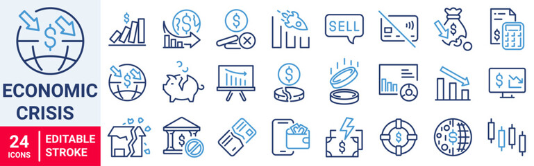Financial Crisis web line icon collection. Economic downturn, stock marker cash, financial meltdown, recession, credit crunch.