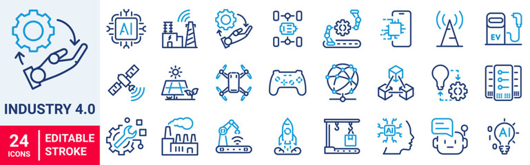 Industry 4.0 web line icons. industrial revolution, smart factory, digital transformation, smart machine, automation and technology.