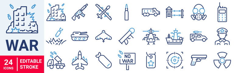 War web icons in line style. Army, battle, conflict, military, missile, refugees, bomb, tank, collection. Vector illustration.