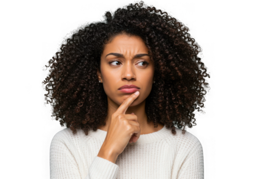 Woman with curly hair looking thoughtful on transparent background