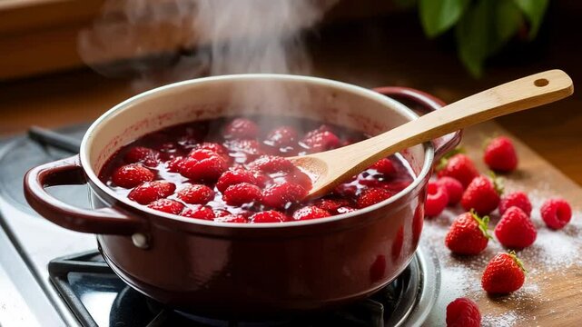 Homemade raspberry jam boiling in pot with steam and wooden spoon in cozy kitchen