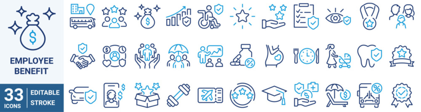 Employee benefit web line icons. Included icons as teamwork, insurance, paid Vacation, pension, social Security. Vector illustration. editable stroke