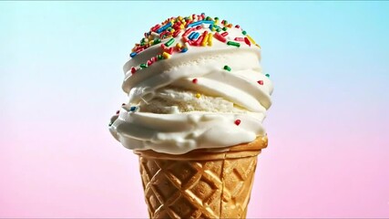 Close Up of Swirled Ice Cream with Sprinkles in Waffle Cone on Smooth Gradient Background