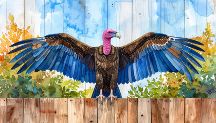 King Vulture with wings spread perched on wooden fence against watercolor background