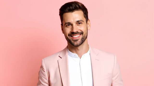Smiling man in a pink jacket stands confidently against a pink background radiating style and positive energy