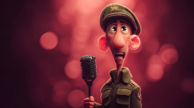 Charming cartoon military man giving a speech, cinematic 3D illustration with painterly lighting, inspired by Rudy Siswanto&acirc;&euro;&trade;s character work