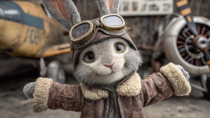 Obraz premium Charming rabbit character in vintage aviation outfit, including goggles and a shearling-lined leather coat, with airplane parts subtly placed in the background, evoking playful excitement