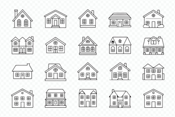 architectural house icons pack featuring cottages, villas, townhouses, and urban residences in vector format