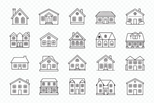 architectural house icons pack featuring cottages, villas, townhouses, and urban residences in vector format