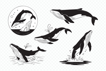 humpback whale vector silhouette, minimalist black and white marine animal graphic illustration