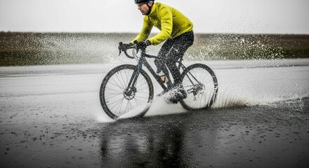 Fototapeta premium Cyclist biking in rain on wet road with splashing water