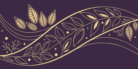 Wavy line design with natural shapes and patterns, like a map. Modern drawing with gold lines on dark purple  background vector illustration. 