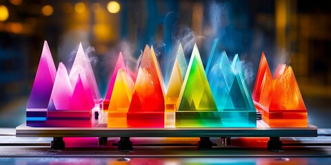 Colorful geometric prisms emit vapor in a modern laboratory display setup