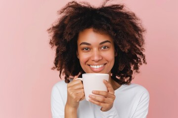 Happy young woman holding a mug and smiling on pink background
