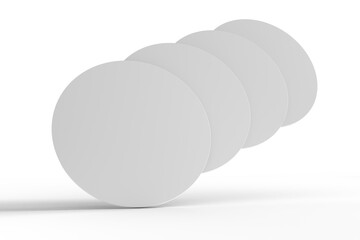 Round Beer Coaster Mockup set, isolated on background. Protection bierdeckel for beer glasses, bottle, can, cup holder. Empty bottle coaster lying template for beverage branding. 3d rendering