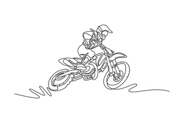 Continuous one line drawing motocross rider in action accelerating the motorbike on the race track. Motor sports, speed, hobby, journey, activity. Single line draw design vector graphic illustration