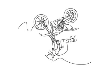 Continuous one line drawing motocross rider performs acrobatic stunt on dirt bike in mid air, showcasing extreme sports skills, balance, adrenaline. Single line draw design vector graphic illustration
