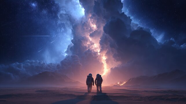 Cinematic sci-fi scene featuring astronauts on an alien landscape, glowing fissure in a massive planetary body behind them, swirling dust and glowing stars enhancing the drama