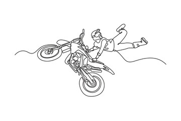 Single continuous line drawing biker acrobatic jump at the trial show executes an extreme maneuver, showcasing remarkable balance and daring expertise. One line draw graphic design vector illustration