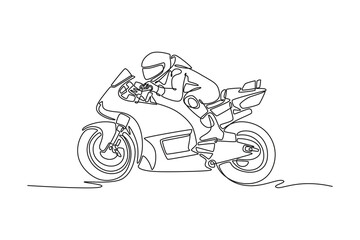 Fototapeta premium Single one line drawing side view of sporty racer motorcycle on international circuit track. Young rider riding a sport racing motorbike. Modern continuous line draw design graphic vector illustration