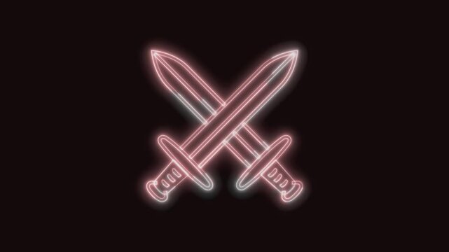  Crossed Swords Icon Neon Seamless Loop 4K with Black Background Animated Promotional Typography for Video Editing