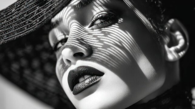 Close-up black and white image of a woman with body art, dark lipstick, and a large decorative hat, light and shadow patterns creating a visually rich composition