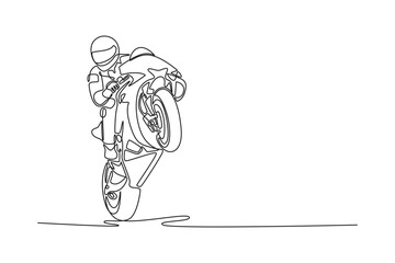 Single one line drawing rider on motorcycle doing wheelie at circuits track. Happy winner racer passing finish line on super bike championship. Continuous line draw design graphic vector illustration