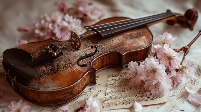 Close-up of a violin with etched musical notation on its body, surrounded by blooming cherry blossoms and aged music paper, captured in warm, diffused lighting for a timeless aesthetic