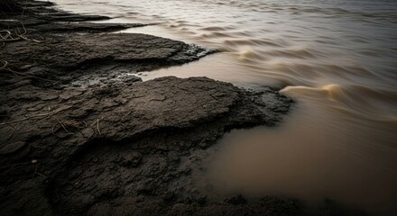Fototapeta premium Muddy riverbank on a cloudy day with flowing water motion blur