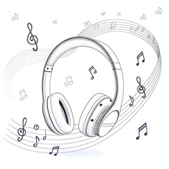 Obraz premium Headphones with musical notes and staff lines flowing around them isolated on white background