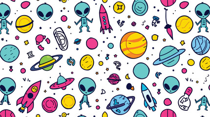 Vector art of a playful pattern of colorful cartoon aliens planets and rockets isolated on white background