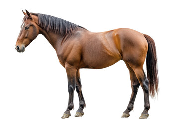 Obraz premium Brown horse standing gracefully on white background, showcasing its strong physique and glossy coat, creating a striking visual for equine enthusiasts and animal lovers alike