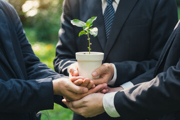 Earth Day Environmental, Business hands holding a plant pot with green plants in the ground together symbolizes green business company and green business cooperation.