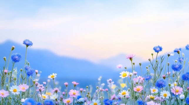 Beautiful wild flowers chamomile, purple wild peas, butterfly in morning haze in nature close-up macro. Landscape wide format, copy space, cool blue tones. Delightful pastoral airy artistic image.
