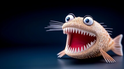 Colorful cartoon fish with exaggerated features and wide open mouth against a dark background