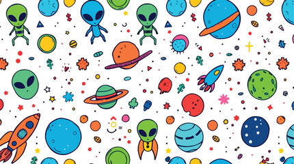Vector art of a vibrant cartoon pattern featuring colorful aliens planets and rockets isolated on white background