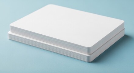 Fototapeta premium Blank White Cards Stacked on Light Blue Background Perfect for Mockups, Branding, and Design Projects